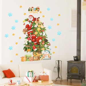 Detailed Christmas tree wall sticker with Santa and stars in a cozy living room setup