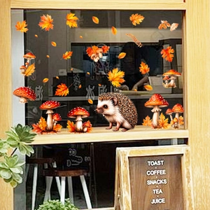 Autumn window clings with maple leaves and hedgehog for Thanksgiving home decoration