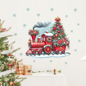 Detail of red Christmas train wall decal with ornate tree and blue snowflake stickers