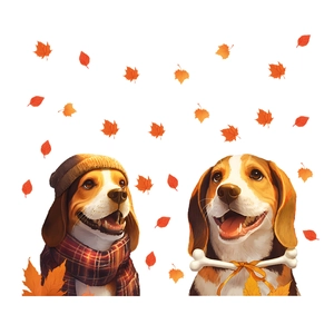 Autumn beagle dog window stickers with maple leaves and cozy scarves for home decor