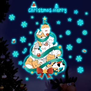 Christmas Tree Glow In The Dark Wall Sticker Cartoon Animal Cat Dog PVC Fluorescent Decal For Home Bedroom Xmas Decor