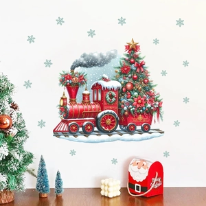 Detailed view of red Christmas train wall decal with decorated tree on a white wall