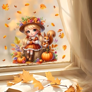 Detail of autumn window stickers with a cute girl, squirrel and pumpkins on glass