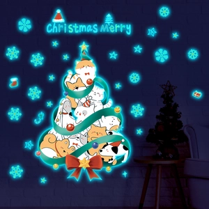 Glow in the dark Christmas tree wall stickers with cute cartoon animals and snowflakes