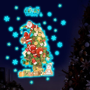 Luminous Christmas tree wall decal set glowing in dark with snowflake and reindeer patterns