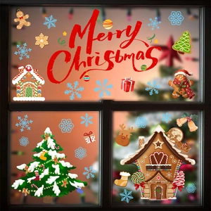 Merry Christmas gingerbread house window decals with snowflakes and reindeer