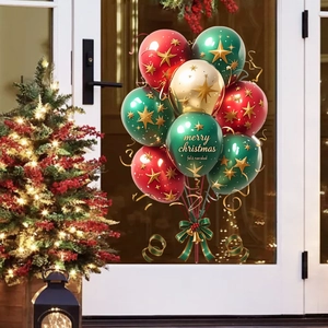 Christmas window decals with red green gold balloons and Merry Christmas festive greeting