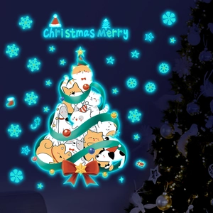 Luminous Christmas wall stickers featuring cartoon cat and dog tree with glow in the dark stars