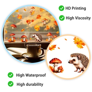 Detail of autumn window stickers featuring hedgehog and maple leaves with HD printing
