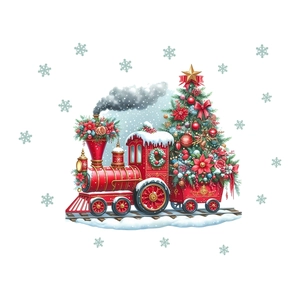 Christmas train wall decal with red steam engine, Xmas tree and snowflakes decor