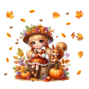 Thanksgiving window stickers featuring fairy girl, squirrel and autumn pumpkins