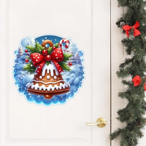 Christmas door sticker showing a gingerbread bell with a red polka dot bow and holly leaves
