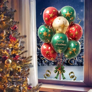 Detail of Christmas balloons with gold stars, Merry Christmas text and festive bow ornaments