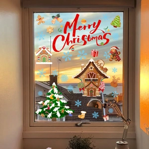 Christmas window decals with gingerbread house and Merry Christmas lettering for home decor