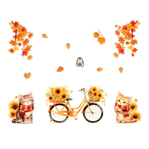 Autocollants de fenêtre d'automne avec chats mignons, vélo rétro et feuilles d'érable
