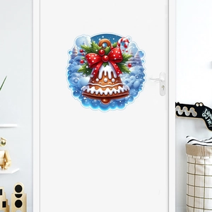 Detailed Christmas bell wall sticker with festive bow on a white wooden door