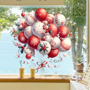 Christmas window stickers with red festive balloons and snowflakes on glass