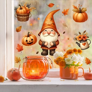 Detail of Thanksgiving window stickers featuring a cute gnome, pumpkins and autumn leaves