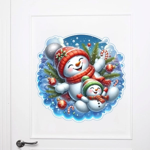 Christmas snowman wall sticker with bells and scarfs on a white wooden door decor
