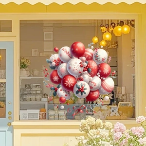 Christmas window decals with red and white festive balloons and snowflakes for shop decoration