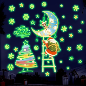 Luminous Christmas Wall Stickers Glow In The Dark Santa Claus Reindeer Moon Star Snowflakes PVC Decal For Home Decor