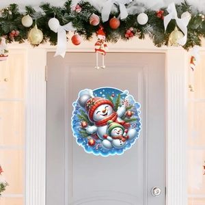 Detail of round Christmas door sticker featuring cartoon snowmen and holiday ornaments