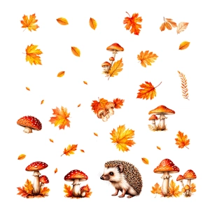 Autumn window stickers featuring watercolor maple leaves, mushrooms, and a cute hedgehog