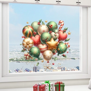 Christmas window decals with festive red and green balloon patterns for holiday decoration