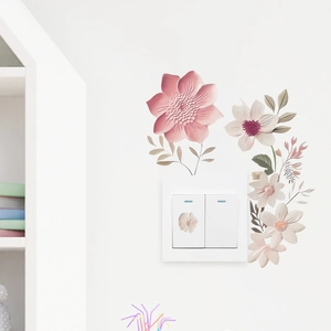 Detailed scene of floral wall decals around a light switch with pink and white flowers