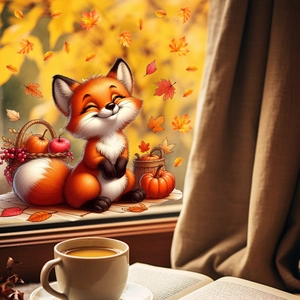 Cozy autumn window clings showing a cute cartoon fox with pumpkins and fall maple leaves