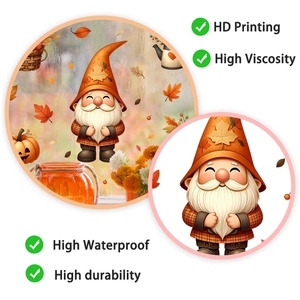 Detail of a Thanksgiving gnome sticker with maple leaves and pumpkin for window decoration