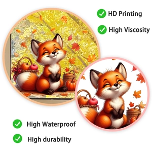 Detail of cute squirrel window sticker with autumn maple leaves and pumpkin design