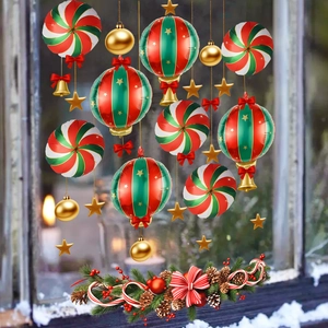 Weihnachtsfenster-Deko-Set mit Zuckerstangen-Ballons, Goldsternen und Festkranz