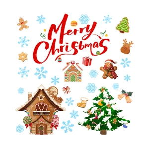 Christmas stickers set with gingerbread house, snowy tree and festive holiday motifs