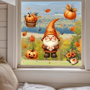 Thanksgiving window clings featuring cute gnome, pumpkins and maple leaves set for glass decor