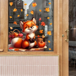 Detailed view of autumn window clings featuring a cute fox, pumpkins and maple leaves