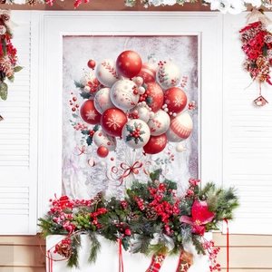 Detailed Christmas window static sticker featuring festive balloon cluster and red ribbons