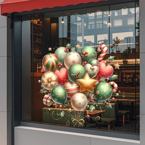 Detail of Christmas static window stickers with balloon, star, and holly leaf designs