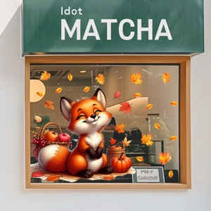 Detail of cute fox autumn window sticker with pumpkins and fall maple leaf decor