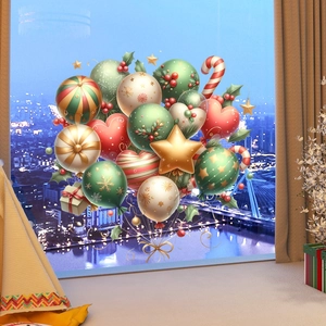 Detail view of festive Christmas static window decals with balloons on a glass window