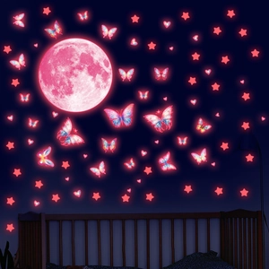 Luminous Pink Moon Star Butterfly Wall Stickers Glow In The Dark Ceiling Decals For Kids Room Bedroom Nursery Decor