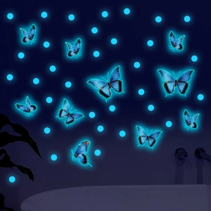 Luminous wall stickers featuring blue fluorescent butterflies and dots in a dark night setup