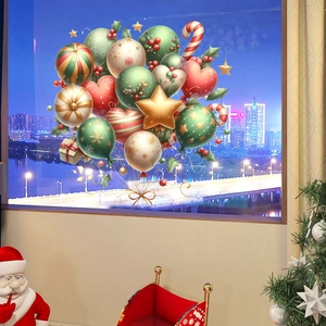 Detailed view of festive Christmas static window clings with balloons and gift patterns