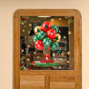 Detailed Christmas window stickers with colorful balloons and Merry Christmas festive lettering