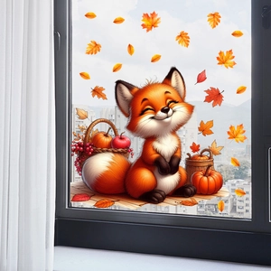 Detail of cute autumn fox and maple leaf window clings on glass in a home setting
