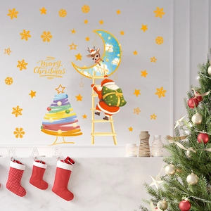 Luminous Christmas wall stickers with Santa climbing ladder and moon deer decoration