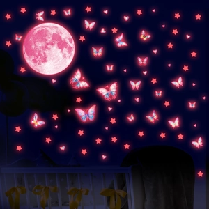 Luminous wall decals with pink moon, butterflies and stars for nursery and bedroom decor