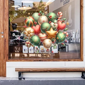 Christmas window decals with balloons, hearts and gift boxes shown on a cafe glass storefront