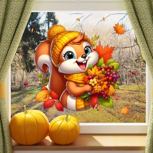 Cute squirrel window sticker with autumn leaves and pumpkins for Thanksgiving decor