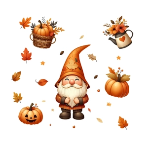 Autumn gnome stickers with pumpkins and maple leaves for Thanksgiving window decoration